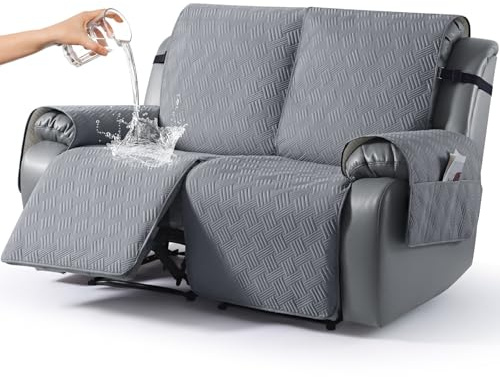 KinCam Wasserdichter sesselschoner, Fernsehsessel sesselschoner für relaxsessel mit Tasche, elastischen Bändern, Anti-Rutsch weich waschbar Sofa 2 Sitzer bezug für Kinder, Haustiere Dunkelgrau