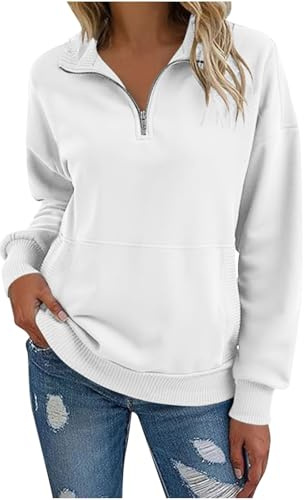 KUIH Women's Half Zip Sweatshirt Warm Fleece Pullover Sweaters Tunic Casual Long Sleeve Tops with Pockets Autumn Winter Ladies Stand Collar 1/4 Zip Jumper Cosy Top Plain Sweaters for Women UK