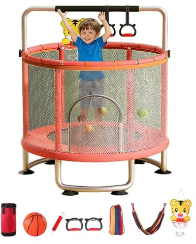 Awjaisca Adjustable Kids Trampoline with 440 Lbs Weight Capacity, 3 Layers Thickened Safety Mat with Basketball Hoop, Swing, Sandbag, Ocean Ball, Kids Gift for 3-8 Years Old Pink