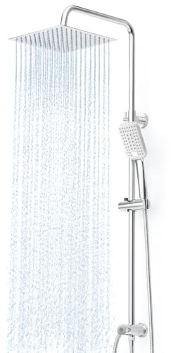 OFFO Colonna Doccia Senza Miscelatore, Asta Doccia Saliscendi con Soffione Pioggia 25x25cm e Doccetta 3 Getti, Asta Doccia Regolabile in Altezza 86-120cm, Tubo Acciaio Inox Antitorsione 1.6m, Cromo