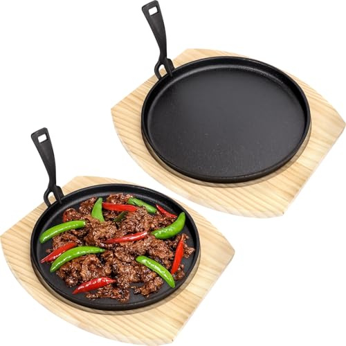 2 Sets Cast Iron Fajita Pan Set, with Wooden Base Anti Scald Protection | Round Nonstick Sizzling Pan, 29.5 x 28.5 cm, Heat Resistant and Even Distribution, for Frying, Baking, Grilling