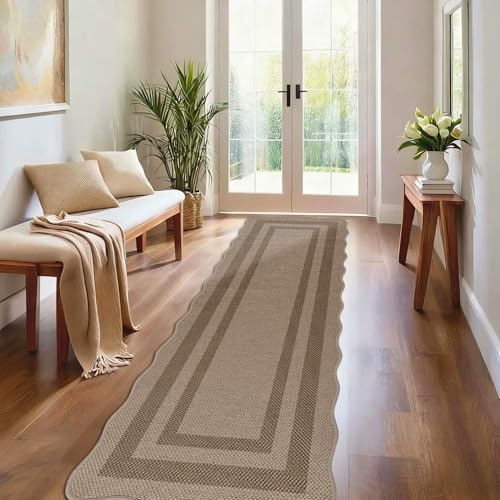 Homcomodar Runner Rug for Hallway 65x240cm Non Slip Carpet Runners Washable Jute Look Kitchen Runner Rug for Hallways Kitchen Bedroom Entryway Laundry Room（Brown-Border）