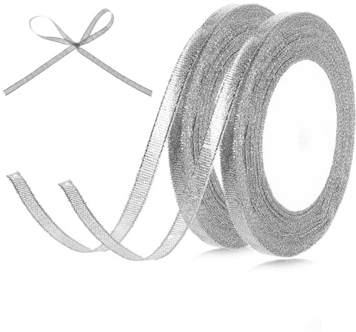 Thinp 2 Rollen Geschenkband,Silber Schleifenband,Glitzer Geschenk Band,Organzaband,Deko Satinband,Satin Dekoband für Hochzeit Geburtstag Taufe Bastelarbeiten Geschenkverpackung Weihnachtstischdeko