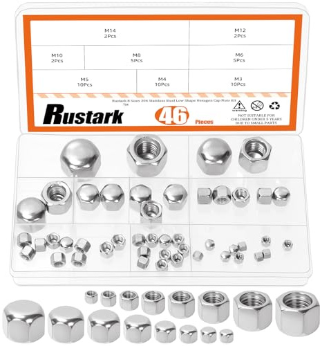 Rustark 46Pcs 8 Sizes 304 Stainless Steel Hexagon Hat Nut Assortment Kit Low Shape Cover Cap Acorn Nut for Outdoor Indoor