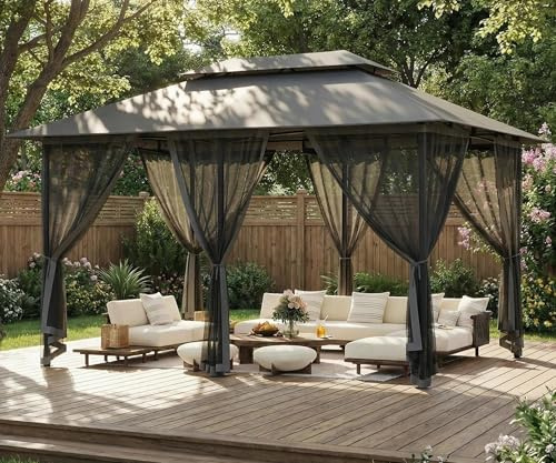 Amopatio 3x4 trädgårdspaviljong vattentät och vintertålig, dubbelt tak med myggnät, vädertåligt metallgazebo för poolkant och terrass,grå