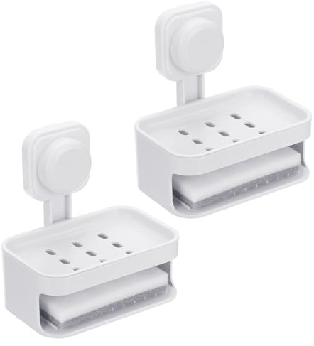 QUARKZMAN 2 Piezas Portajabón con Ventosa, Portajabón De Pared Montado con Doble Barra Removible Y Reutilizable para Ducha Sin Perforación Portaesponja para Baño Cocina, Blanco