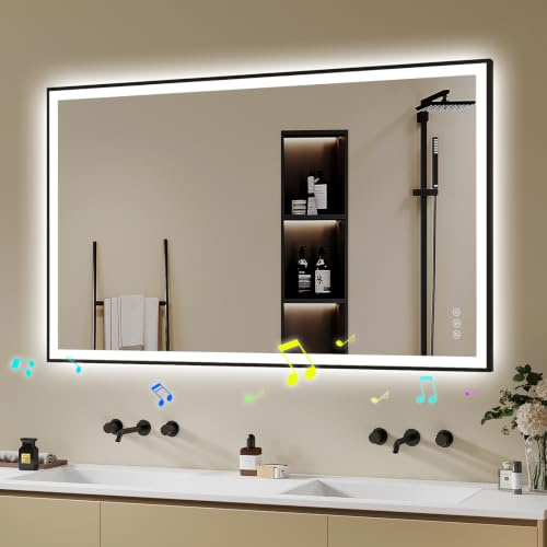 Badspiegel-mit-Beleuchtung 100x70cm - LED Badezimmerspiegel mit Bluetooth - Badezimmer Spiegel mit Beleuchtung, Beschlagfrei, Dimmbar, 3 Lichtfarben, Wandspiegel Led-Spiegel-Bad Schwarz Metallrahmen