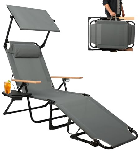 OVLRIJP Sonnenliege Klappbar mit Kopfkissen, Gartenliege Wetterfest, Klappbare Strandliege Campingliege mit Holzarmlehnen, Liegestuhl für Balkon, Garten, Pool & Strand, bis 150kg (Grau–mit Dach)