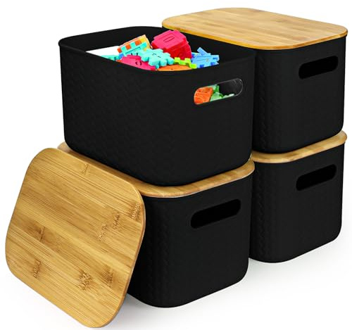 4er Set Kunststoff Aufbewahrungsbox mit Deckel Bambus, Stapelbar, Schwarz | Platzsparende Ordnung, Modernes Design, Aufbewahrungsbox für Badezimmer, Küche, Büro und Regale, 24 x 17 x 16 cm