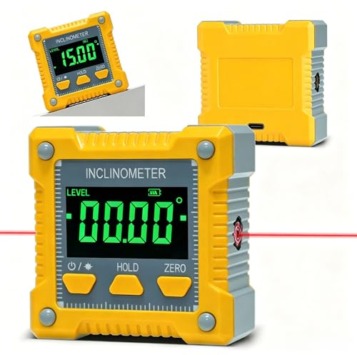 Niveau Laser et Inclinomètre Numérique | avec Aimants sur les 4 Côtés – Résistant à la poussière, Robuste et Compact – pour Bâtiment et Industrie – Jaune