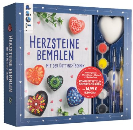 Kreativ-Set Herz-Steine bemalen mit der Dotting-Technik: Anleitungsbuch mit Grundlagen, 2 Gipssteine in 2 Größen, 2 Dotting Tools mit 4 Spitzen und 5 Acrylfarben in Rot, Gelb, Blau, Weiß und Schwarz