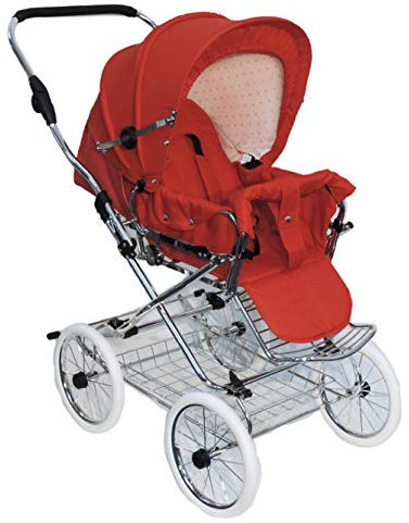 EICHHORN Kinderwagen Retro-Buggy Sportwagen mit Lederriemengestell und Schieberhöhenverstellung, Blickrichtung wechselbar, Stoff Rot, weiße EVA Vollmaterial Räder