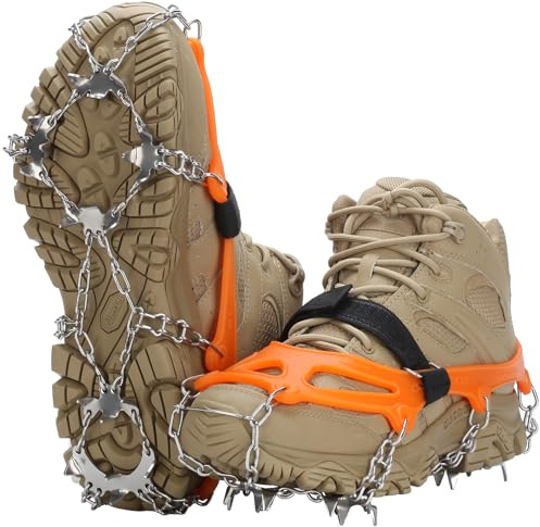 Crampons 19 Spikes with Stainless Steel Chain Ice Snow Grips Traction Cleats System Safe Protect for Walking, Jogging, Climbing, Hiking on Snow and Ice, Boots Chains for Women Men (Orange, Medium)