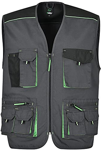 BWOLF Brave Gilet de Travail Multifonction pour Homme avec Fermeture éclair + renforcé Polyester Oxford 600D, Gris/Vert., S