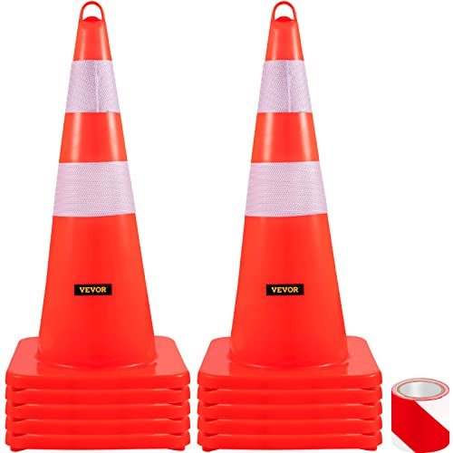 VEVOR Safety Cones, 10PCS 28 Traffic Cones, PVC Orange Construction Cones, 2 Reflective Collars Traffic Cones with Weighted Base and Hand-Held Ring Used for Traffic Control, Driveway Road Parking
