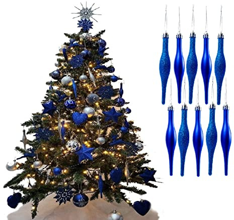 Simply Products 10 Droplet Baubles - Great Christmas Tree Decoration, Matte & Glitter Icicle Baubles (Royal Blue Glitter & Matte)
