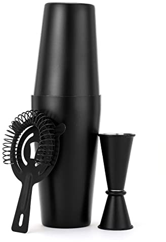 JNWINOG Juego de coctelera de cóctel, kit de coctelera Boston de 4 piezas con coctelera de 20 onzas/25 onzas, colador y doble jigger, juego de barra para batidora de bebida casera (color negro mate)