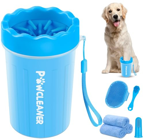 Professional 7 in 1 Dog Paw Cleaner for Dogs & Cats - Includes 1 Portable Paw Washer, 1 Bath Brush, 2 Dog Toothbrushes and 3 Absorbent Towels Note: Fits Paws 1.5 to 2.5 Inches Wide (Medium, Blue)