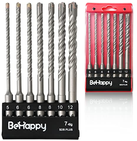 BeHappy SDS Plus Bohrer Set, 7tlg Steinbohrer Set, Hammerbohrer für Beton, Stein, Granit, Ziegel und Mauerwerk mit 4 Schneiden in den Größen 5,6,6,8,8,10,12 x 160mm, Zubehör Schlagbohrmaschine
