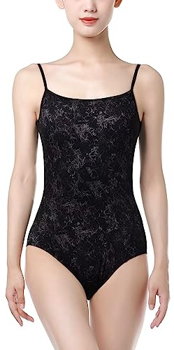 s.lemon Ballett Trikot Schwarz,Damen Spaghettiträger Ballettbody Balletttrikot mit BH 165