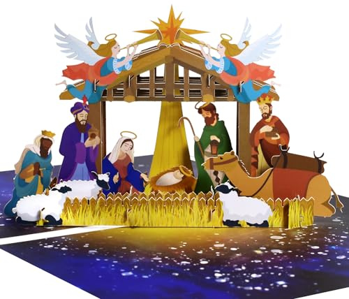 Magic Ants 3D Pop-Up Weihnachtskarte mit Darstellung der Weihnachtsgeschichte, Krippe mit Jesus, Maria, Josef, Heilige Drei Könige, Engel, Schafe, Weihnachtskarte für Familie und religiöse Grüße