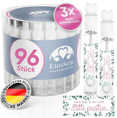 EinsSein Seifenblasen Hochzeit Lovegläschen mit Bitte Pusten rosa-grün Aufkleber | 96 Stück | Set weiss für Gastgeschenke Taufe Gäste Hochzeitsdeko Vintage | Wedding Bubbles Hochzeitsseifenblasen