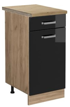 Vicco Küchenunterschrank R-Line, Schwarz Hochglanz, 40 cm, AP Eiche, zur freien Kombination innerhalb modularer Küchensysteme