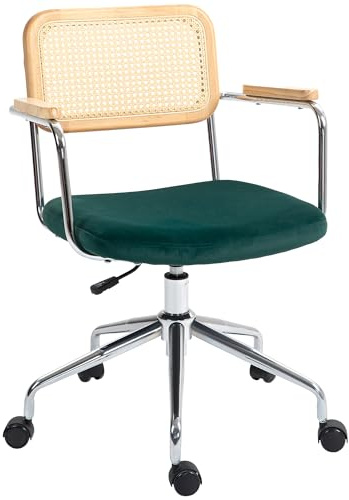 HOMCOM Bürostuhl mit Rattanoptik, Wippfunktion, für Home Office, Grün | Schreibtischstuhl, Höhenverstellbar Drehstuhl, Computerstuhl mit Samtoptik