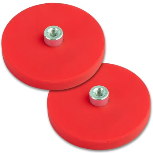 Neodym Magnete Gummiert Ø 43mm Mit M4 Innengewinde 15 KG Zugkraft Flachgreifer Magnet Scheibe Topfmagnet Gummi Rund mit Gewinde Bohrung für Schrauben Öse oder Haken (2 Stück)