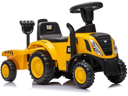 Lemodo Rutschauto Traktor mit Anhänger CAT gelb ab 1 Jahr – Kindertraktor mit Schaufel & Rechen, Licht & Sound, Rutscher für Kinder von 1–3 Jahren mit stabilem Sitz und verschleißarmen Rädern