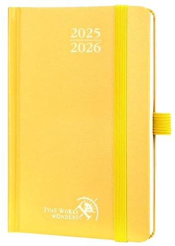 POPRUN Agenda De poche 2025 2026 Semainier 16 x 10,5 cm D'Août 2025 à Déc 2026, Petit Planner Scolaire 17 Mois, Couverture Rigide avec Intervalle Horaire, Papier 80g/m², Jaune clair