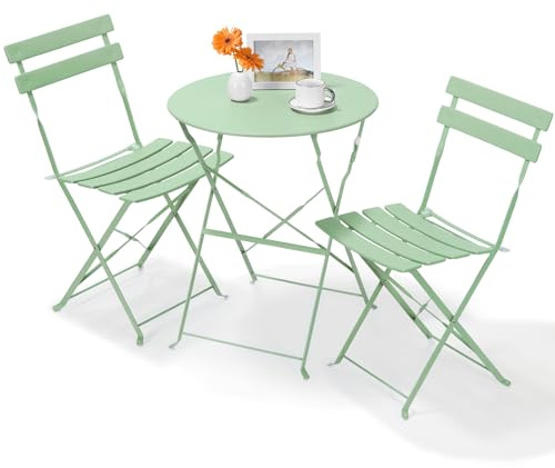LIFERUN Juego de Muebles de Balcón de 3 Piezas, Bistro Set de Metal con 1 Mesa y 2 Sillas, Resistentes a la Intemperie, Plegables, para Pequeños Balcones, Terrazas y Jardines, Verde