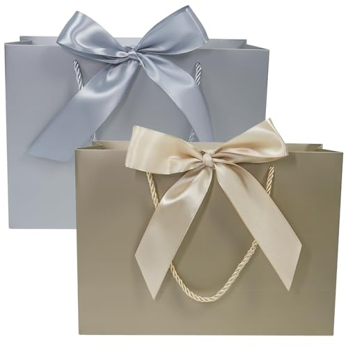BIHIYII 2Pcs Gift Bags Medium, Birthday Gift Bag, Valentines Gift Bags for Presents, Christmas Christening Wedding Bridesmaid Gift Party Bags for Her Him, 28 x 20 x 9 cm (Brown/Silver)