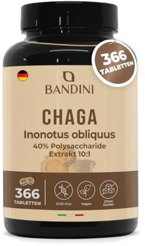 Bandini® Chaga 366 Tabletas | Hongo Inonotus Obliquus rico en antioxidantes y polifenoles | Complemento alimenticio para apoyar el equilibrio diario | Hasta 1000 mg por dosis diaria | Natural y vegano