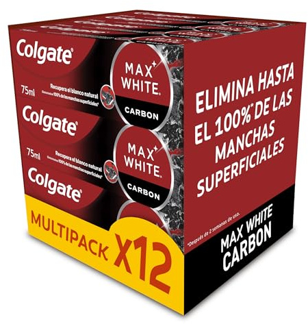 Colgate Max White Carbón Activo, Pasta Dientes Blanqueadora, Pack 12x75ml | Dentífrico blanqueador 99% natural, Elimina 100% manchas, Micropartículas minerales, Esmalte fuerte