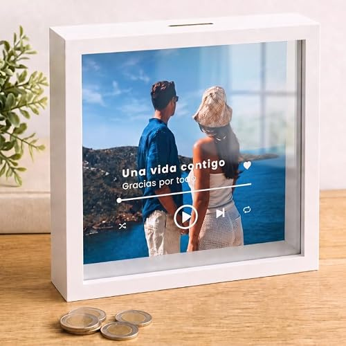 Cristal Plaque - Hucha Personalizada Foto Completa Spotify | Hucha de Acrílico Transparente y Madera | Regalo Emotivo para Aniversarios y Cumpleaños | Decoración Hogar Ahorro Responsable