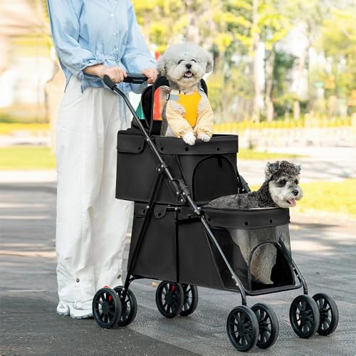 OHMG 3 en 1 Double Couche Poussette pour Chien Chat Animaux,2 Niveaux Animaux Voyage Poussette, Pliable Chien Chat À 4 Roues Chariot,Poussette Buggy,Transporteur chiens portable