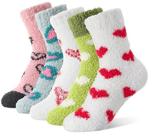 Zuimei 5 Pairs Fluffy Socks for Women, Womens Bed Socks Warm Thicken Soft Fuzzy Sock, Cute Heart Cozy Winter Sock for Girls, Valentines Brithday Christmas Gifts, Size 4-7