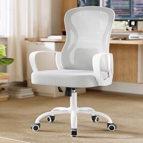 SONGMICS Sedia Ufficio Ergonomica, Sedia Scrivania Girevole in Rete, Supporto Lombare, Funzione Oscillante, Braccioli, Studio Camera da Letto, Grigio Tortora e Bianco Nuvola OBN043GD02