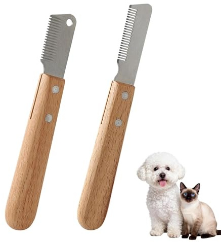 AJKQNMA 2 Stück Trimmmesser für Hunde & Katzen, Edelstahl Trimmkamm mit Buchenholzgriff, Feiner & Grober Kamm für Unterwolle, Entfilzungskamm für Terrier Rauhaardackel