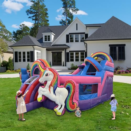 XXL Profi Hüpfburg mit Gebläse, Magisches Einhorn Thema Hindernis Trampolin Sicherheitsnetz, 0,55mm PVC Kinderspielplatz, Aufblasbares Schloss mit Basketballkorb für 6-8 Kinder 480 * 580 * 350cm