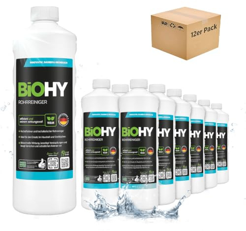 BiOHY Rohrreiniger (12 x 1 Liter) | EXTRA STARK | flüssiger Abflussreiniger | Profi Mittel für Verstopfungen in Küche, Dusche & Toilette | entfernt Haare & Gerüche effektiv | kraftvolles Konzentrat