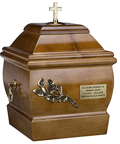 Cremation Urn for Adult Made from Solid Wood Funeral Ashes Casket Memorial URN (Cross on The Top, Calla Lily + Memorial Plaque)