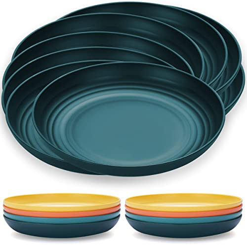 Kyraton 23 cm Large Deep Plastic Plates 8 Pieces, Unbreakable and Reusable Light Weight Dinner Plates Pasta and Dumpling Bowl Microwave Safe BPA Free Dishwasher Safe (Dark Green)