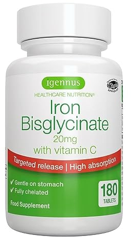Eisenbisglycinat mit 100mg Vitamin C, 20mg gut verträgliches, chelatiertes Eisen, gezielte Freisetzung für verbesserte Absorption, vegan, eine Tablette pro Tag, 180 Eisentabletten, von Igennus