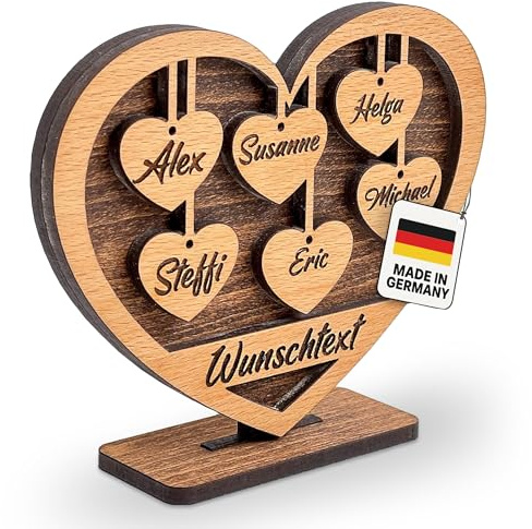 DARO Design - Herz mit Gravur aus Holz - Wunschtext und 6 Namen - Geschenk für Eltern, Großeltern, Oma, Opa, Enkel, Freunde, Liebe - Größe 15x12x4cm - Individuell, Persönlich