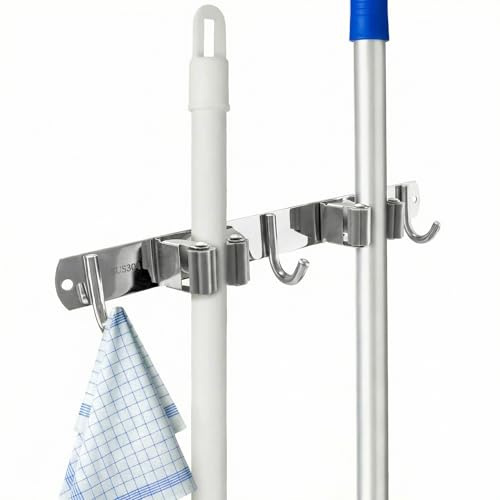 QWORK® Besenhalterung Wand Ohne Bohren Edelstahl Gerätehalter mit 2 Halter und 3 Haken für Zuhause Küche Badezimmer Garage Garten