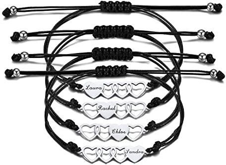 INBLUE Benutzerdefiniert Passendes Herz-Armband-Set, Personalisierter Name 2/3/4 Stück Edelstahl BFF Bester Freund-Armband-Set, Freundschaftsgeschenk für Schwestern Best Friends Besties Frauen