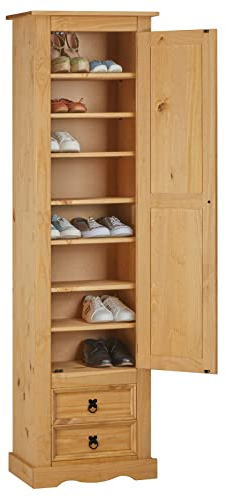 IDIMEX Schuhschrank Tequila aus massiver Kiefer, schönes Schuhregal mit 2 Schubladen in gebeizt/gewachst, praktische Schuhablage mit 8 Fächer, Zeitloser Kleiderschrank mit schwarzen Zierbeschläge