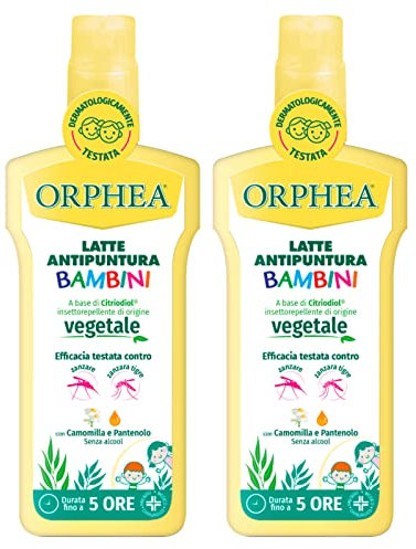 2x Orphea Latte Antipuntura Delicato Spray Repellente Anti Zanzare e Zanzara Tigre Insettorepellente per Bambini Durata 5 Ore - Flacone da 100ml
